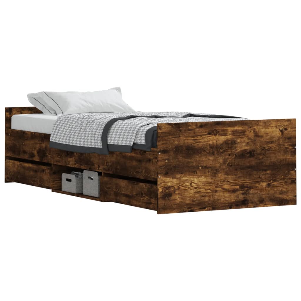 Bedframe met hoofd- en voeteneinde gerookt eiken 100x200 cm is nu te koop bij PeponiXL, paradijselijk wonen!