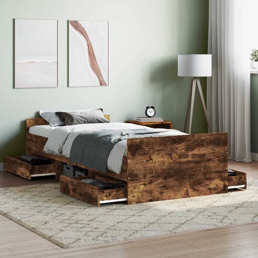 Bedframe met hoofd- en voeteneinde gerookt eiken 100x200 cm is nu te koop bij PeponiXL, paradijselijk wonen!