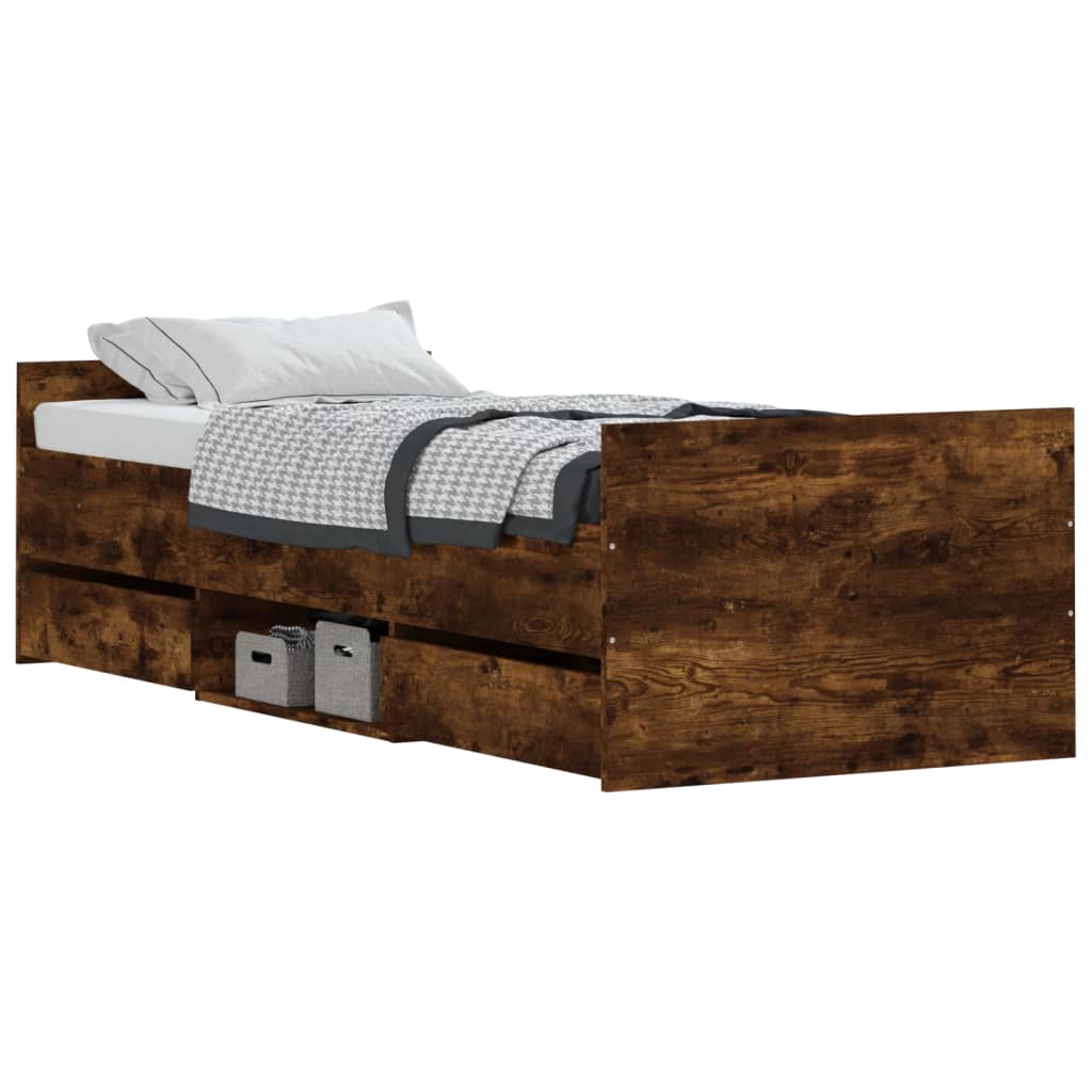 Bedframe met hoofd- en voeteneinde gerookt eiken 75x190 cm is nu te koop bij PeponiXL, paradijselijk wonen!