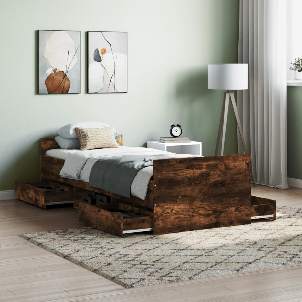 Bedframe met hoofd- en voeteneinde gerookt eiken 75x190 cm is nu te koop bij PeponiXL, paradijselijk wonen!