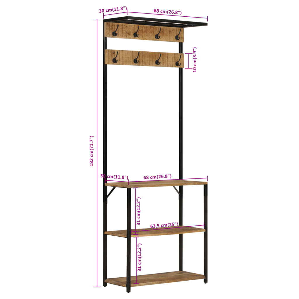 Kapstok met schoenenrek 68x30x182 cm massief ruw mangohout is nu te koop bij PeponiXL, paradijselijk wonen!