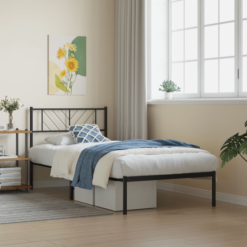 Bedframe met hoofdbord metaal zwart 75x190 cm is nu te koop bij PeponiXL, paradijselijk wonen!