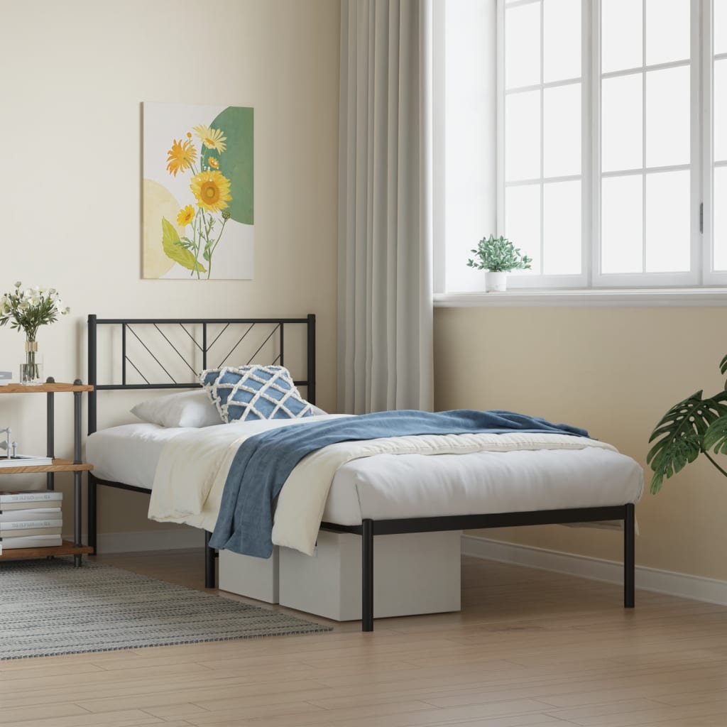 Bedframe met hoofdbord metaal zwart 90x200 cm is nu te koop bij PeponiXL, paradijselijk wonen!
