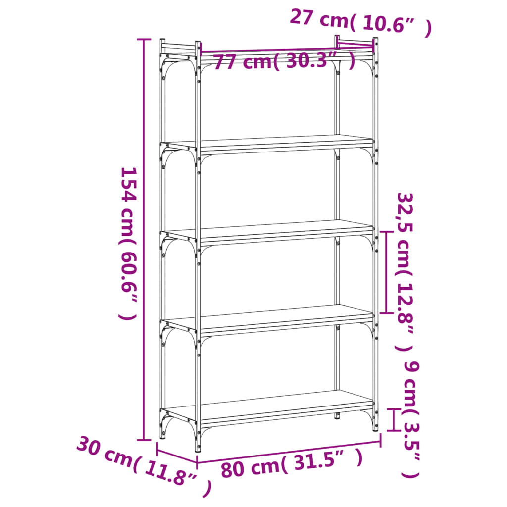 Boekenkast 5-laags 80x30x154 cm bewerkt hout gerookt eikenkleur is nu te koop bij PeponiXL, paradijselijk wonen!