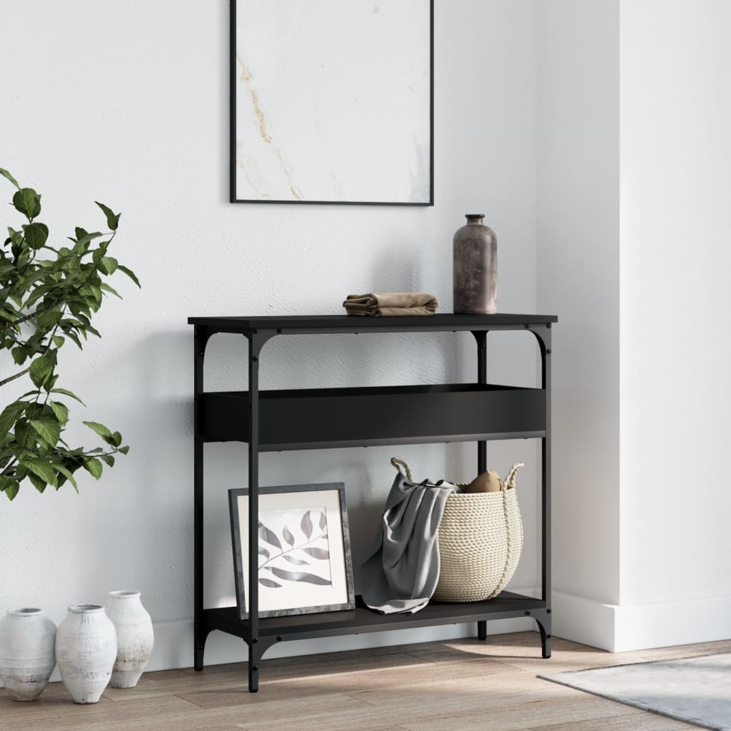 Wandtafel met schap 75x29x75 cm bewerkt hout zwart is nu te koop bij PeponiXL, paradijselijk wonen!