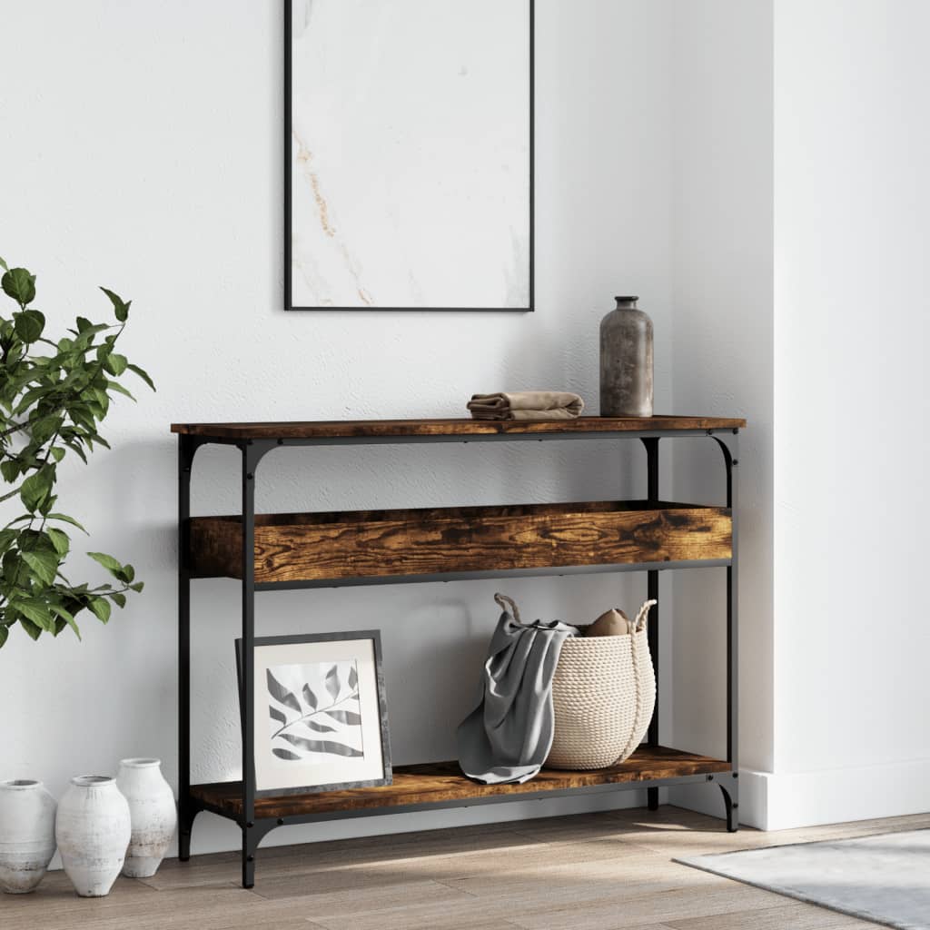 Wandtafel met schap 100x29x75 cm bewerkt hout gerookt eiken is nu te koop bij PeponiXL, paradijselijk wonen!