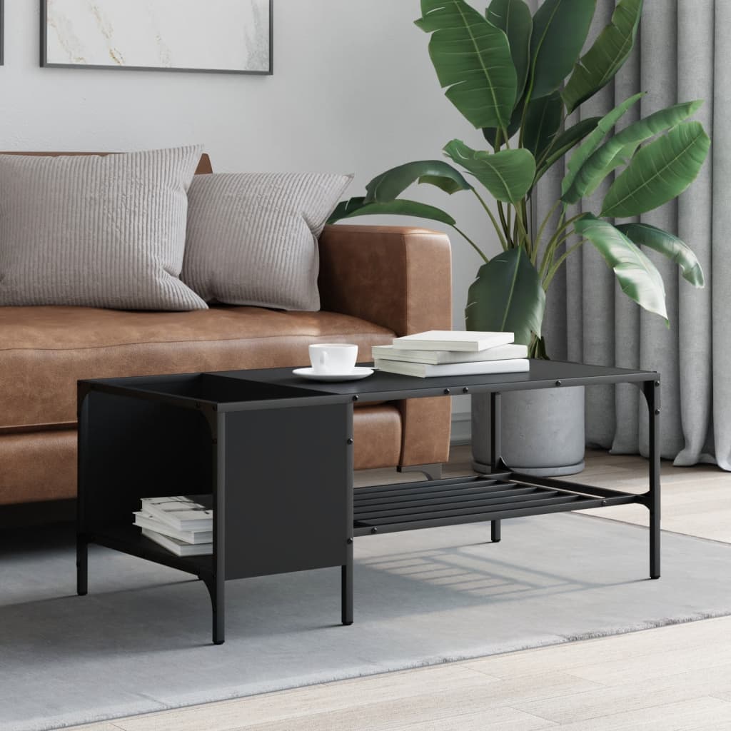 Salontafel met rek 100x51x40 cm bewerkt hout zwart is nu te koop bij PeponiXL, paradijselijk wonen!