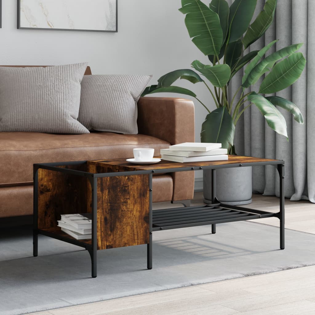 Salontafel met rek 100x51x40 cm bewerkt hout gerookt eikenkleur is nu te koop bij PeponiXL, paradijselijk wonen!