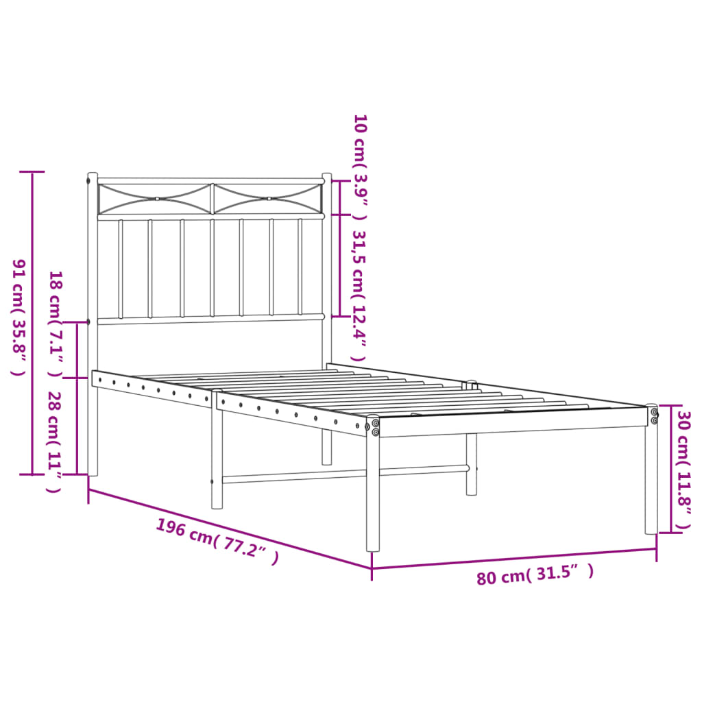 Bedframe met hoofdbord zonder matras metaal wit 75x190 cm is nu te koop bij PeponiXL, paradijselijk wonen!