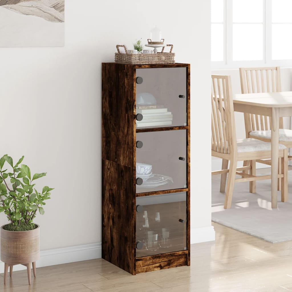 Hoge kast met glazen deuren 35x37x109 cm gerookt eikenkleurig is nu te koop bij PeponiXL, paradijselijk wonen!