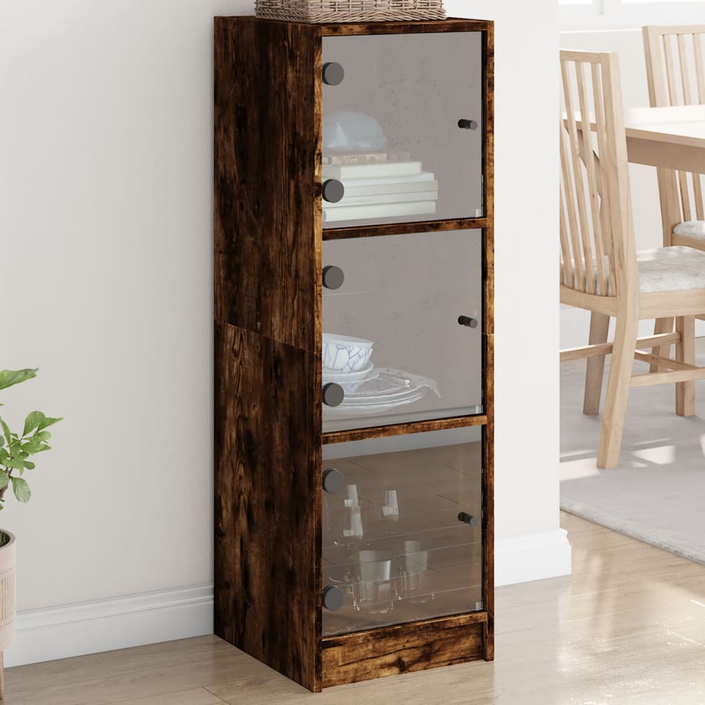 Hoge kast met glazen deuren 35x37x109 cm gerookt eikenkleurig is nu te koop bij PeponiXL, paradijselijk wonen!