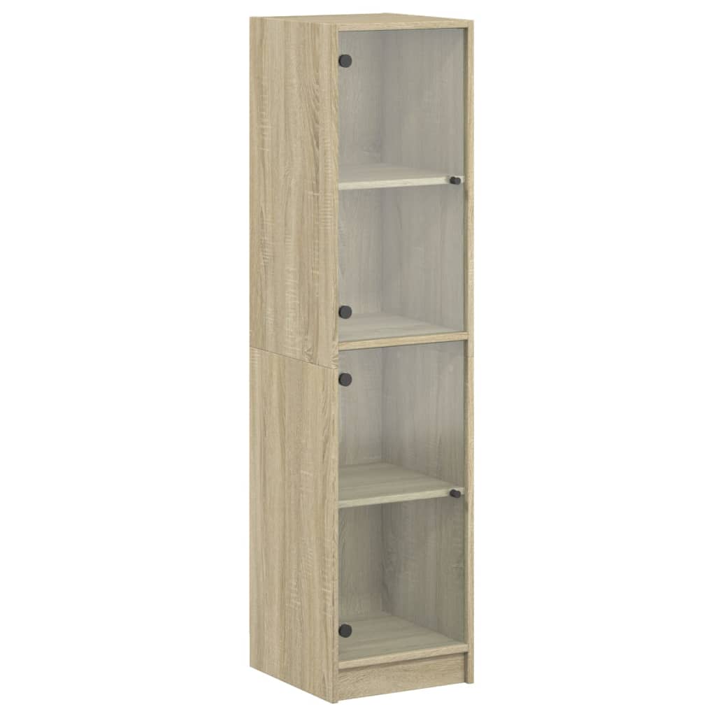 Hoge kast met glazen deuren 35x37x142 cm sonoma eikenkleurig is nu te koop bij PeponiXL, paradijselijk wonen!
