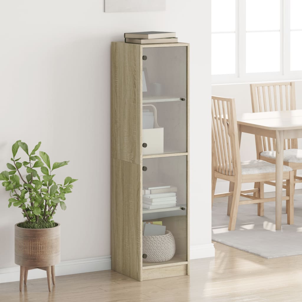 Hoge kast met glazen deuren 35x37x142 cm sonoma eikenkleurig is nu te koop bij PeponiXL, paradijselijk wonen!