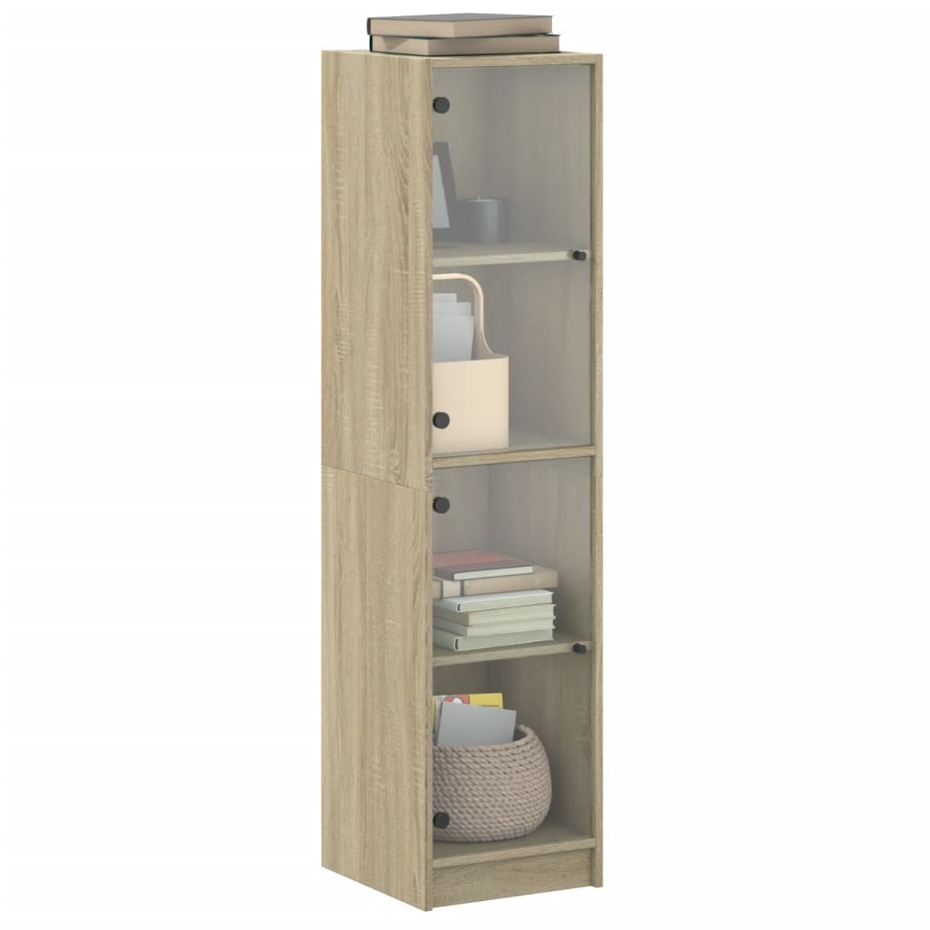 Hoge kast met glazen deuren 35x37x142 cm sonoma eikenkleurig is nu te koop bij PeponiXL, paradijselijk wonen!