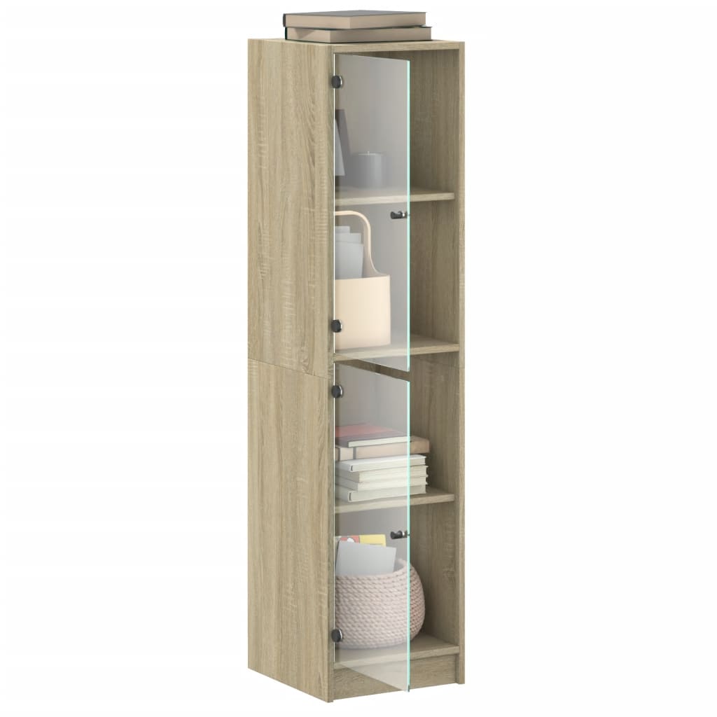 Hoge kast met glazen deuren 35x37x142 cm sonoma eikenkleurig is nu te koop bij PeponiXL, paradijselijk wonen!
