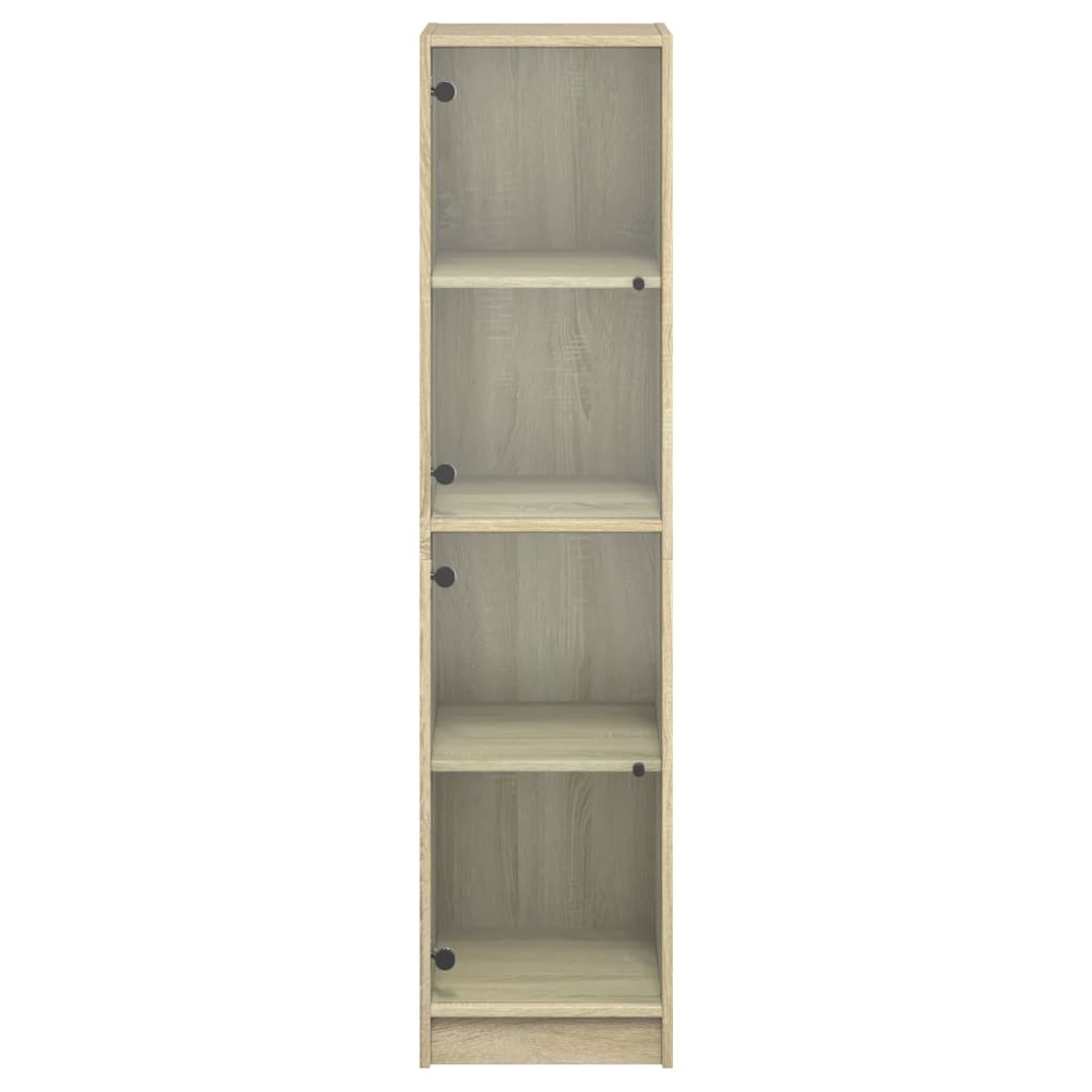 Hoge kast met glazen deuren 35x37x142 cm sonoma eikenkleurig is nu te koop bij PeponiXL, paradijselijk wonen!