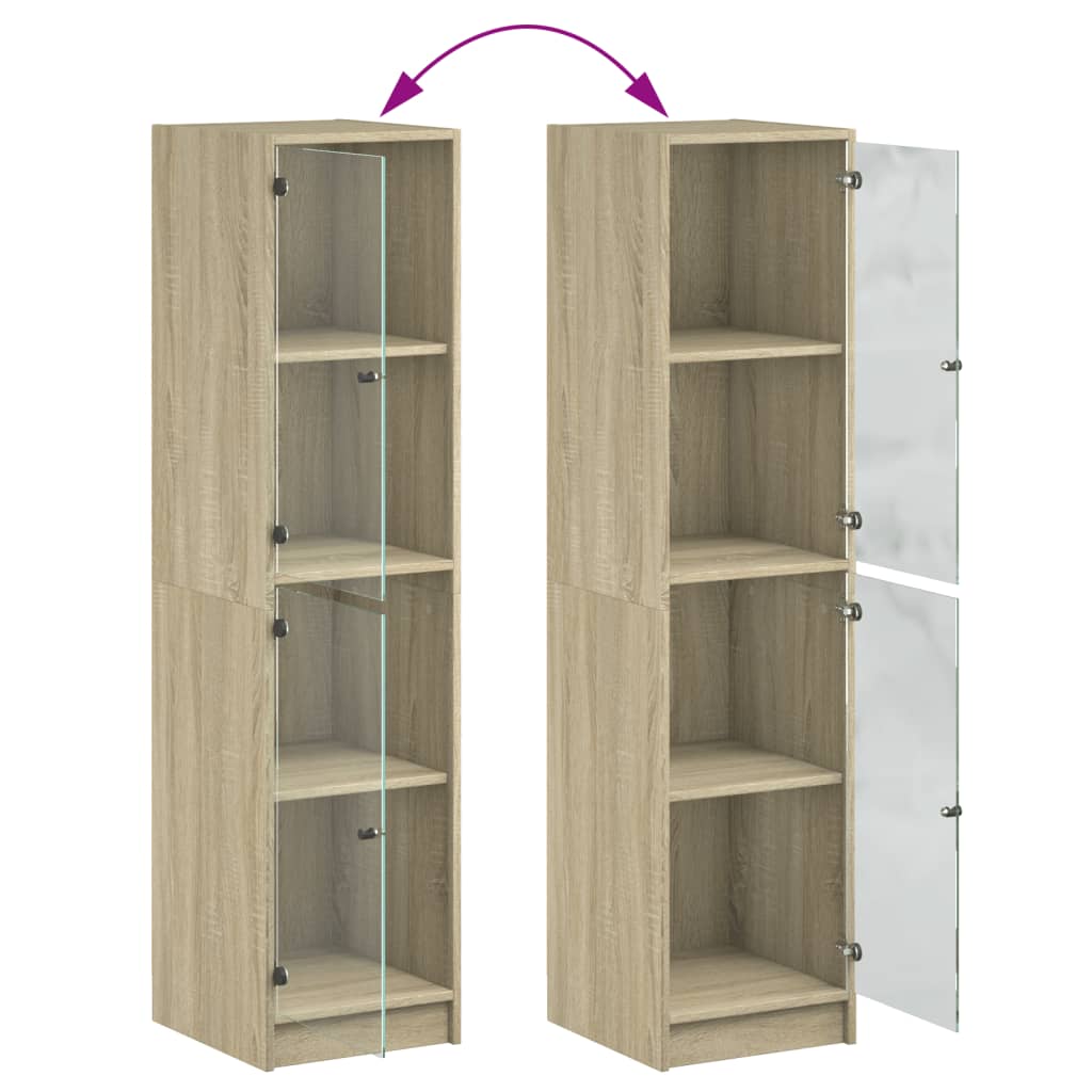 Hoge kast met glazen deuren 35x37x142 cm sonoma eikenkleurig is nu te koop bij PeponiXL, paradijselijk wonen!