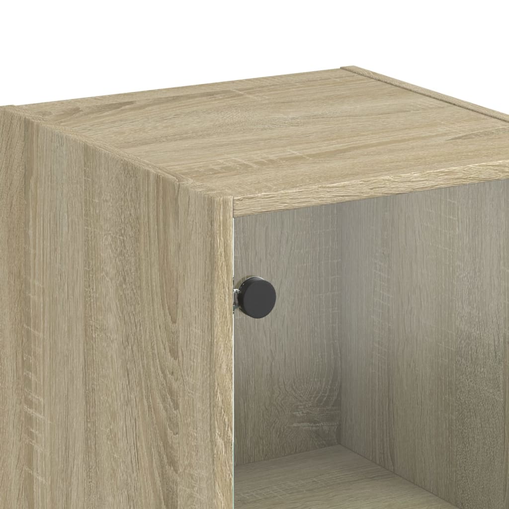 Hoge kast met glazen deuren 35x37x142 cm sonoma eikenkleurig is nu te koop bij PeponiXL, paradijselijk wonen!
