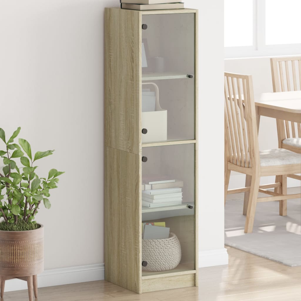 Hoge kast met glazen deuren 35x37x142 cm sonoma eikenkleurig is nu te koop bij PeponiXL, paradijselijk wonen!