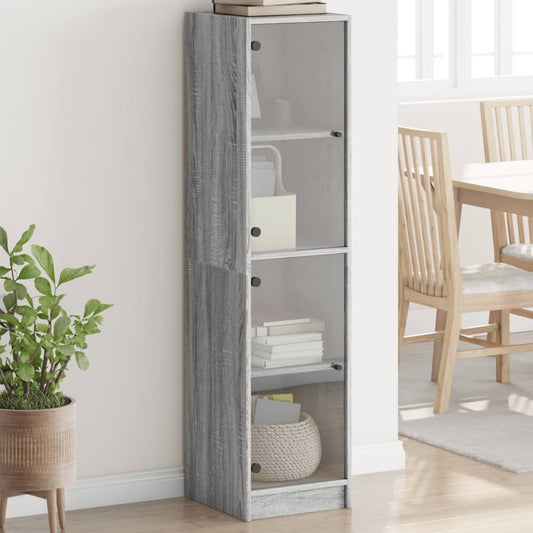 Hoge kast met glazen deuren 35x37x142 cm grijs sonoma eiken is nu te koop bij PeponiXL, paradijselijk wonen!