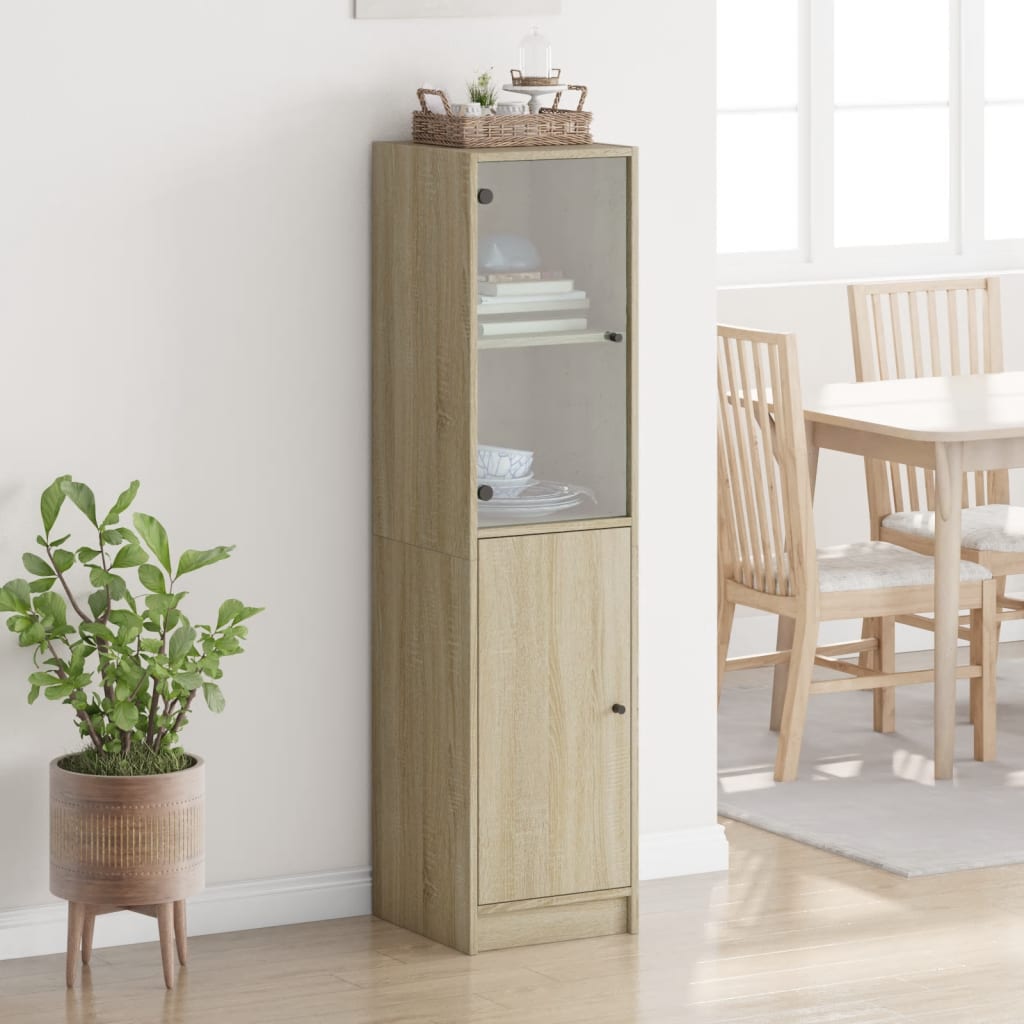 Hoge kast met glazen deur 35x37x142 cm sonoma eikenkleurig is nu te koop bij PeponiXL, paradijselijk wonen!