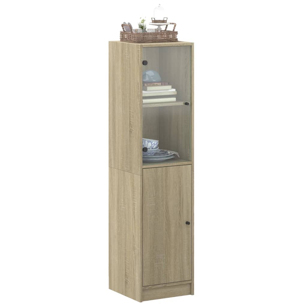 Hoge kast met glazen deur 35x37x142 cm sonoma eikenkleurig is nu te koop bij PeponiXL, paradijselijk wonen!