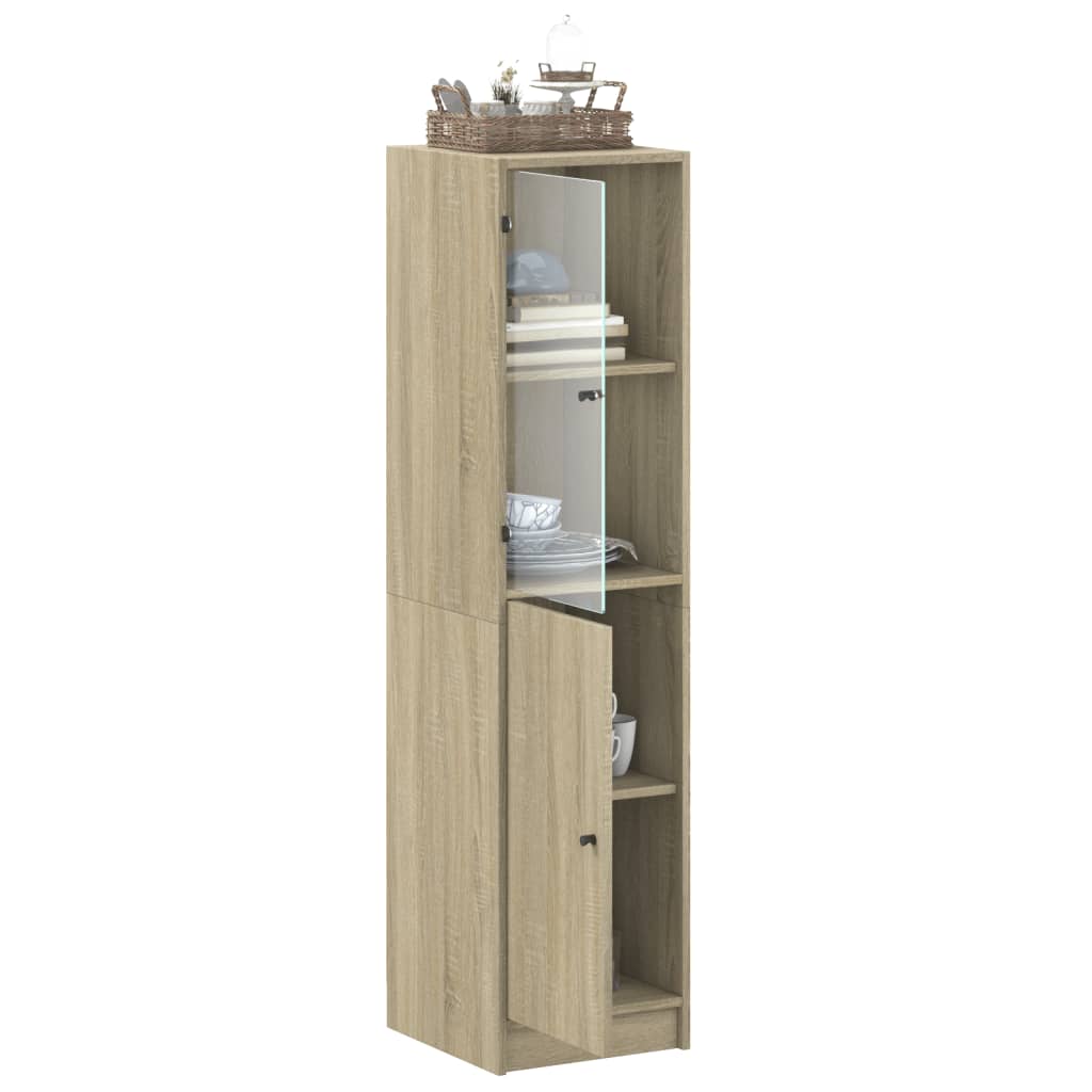 Hoge kast met glazen deur 35x37x142 cm sonoma eikenkleurig is nu te koop bij PeponiXL, paradijselijk wonen!