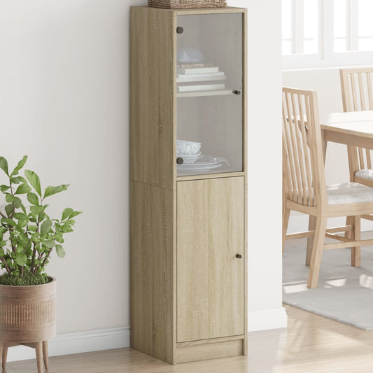 Hoge kast met glazen deur 35x37x142 cm sonoma eikenkleurig is nu te koop bij PeponiXL, paradijselijk wonen!