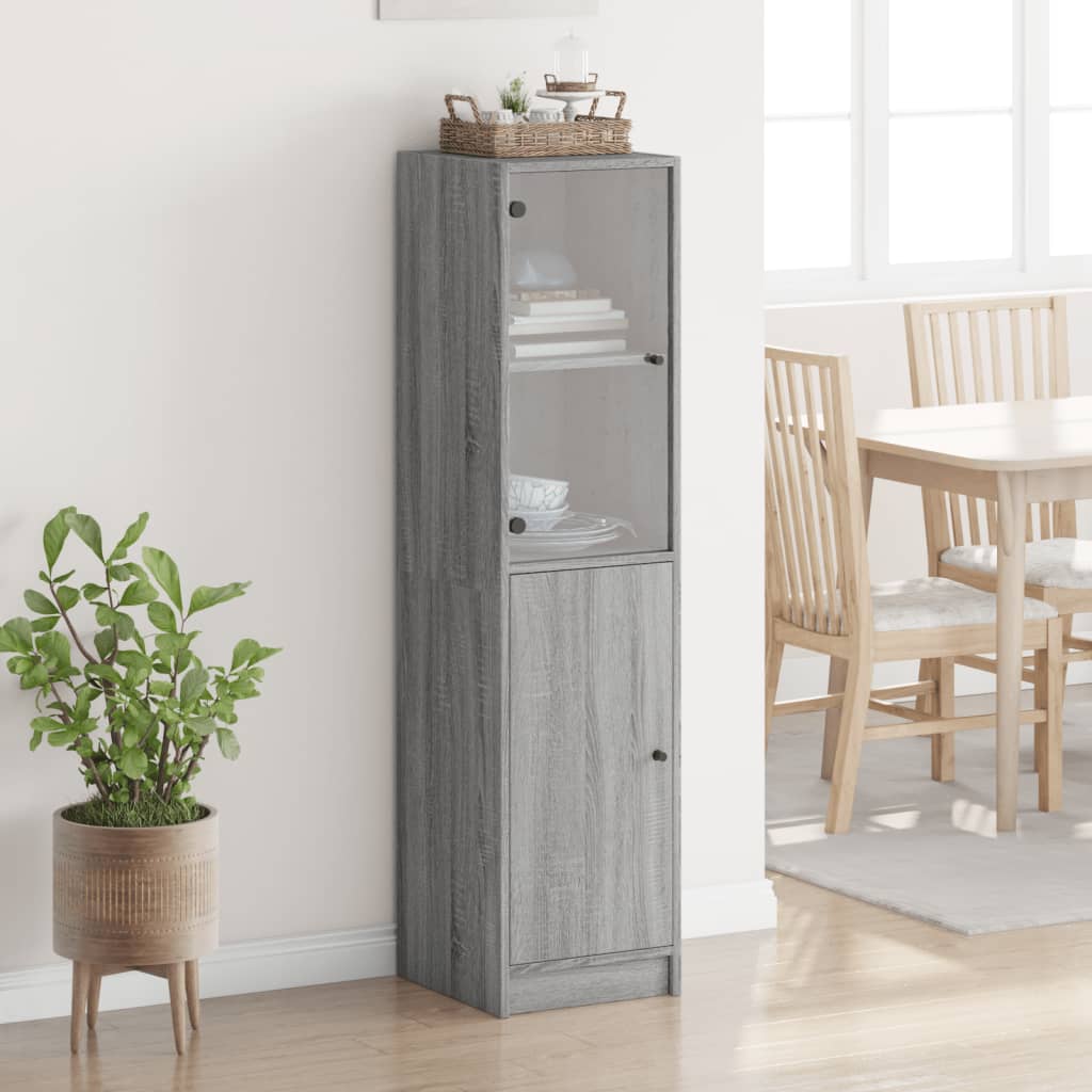Hoge kast met glazen deur 35x37x142 cm grijs sonoma eikenkleur is nu te koop bij PeponiXL, paradijselijk wonen!