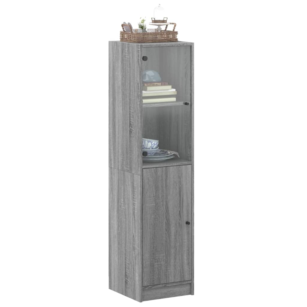 Hoge kast met glazen deur 35x37x142 cm grijs sonoma eikenkleur is nu te koop bij PeponiXL, paradijselijk wonen!