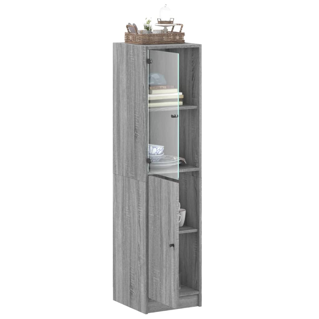 Hoge kast met glazen deur 35x37x142 cm grijs sonoma eikenkleur is nu te koop bij PeponiXL, paradijselijk wonen!