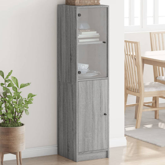 Hoge kast met glazen deur 35x37x142 cm grijs sonoma eikenkleur is nu te koop bij PeponiXL, paradijselijk wonen!