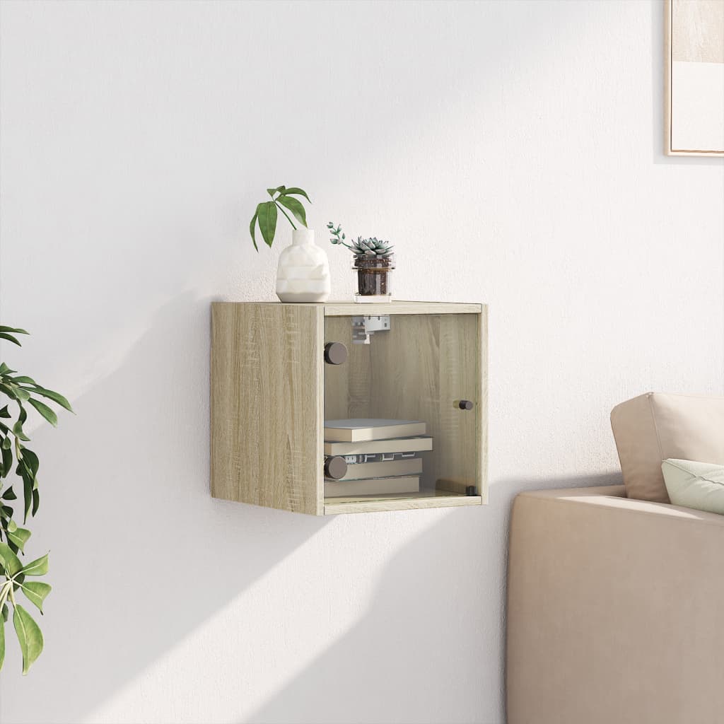 Nachtkastje met glazen deur 35x37x35 cm sonoma eikenkleurig is nu te koop bij PeponiXL, paradijselijk wonen!