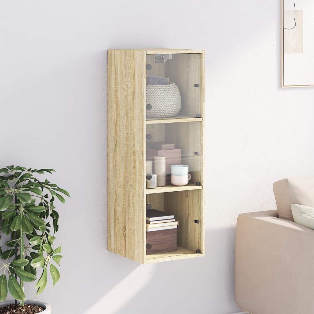 Wandkast met glazen deuren 35x37x100 cm sonoma eikenkleurig is nu te koop bij PeponiXL, paradijselijk wonen!