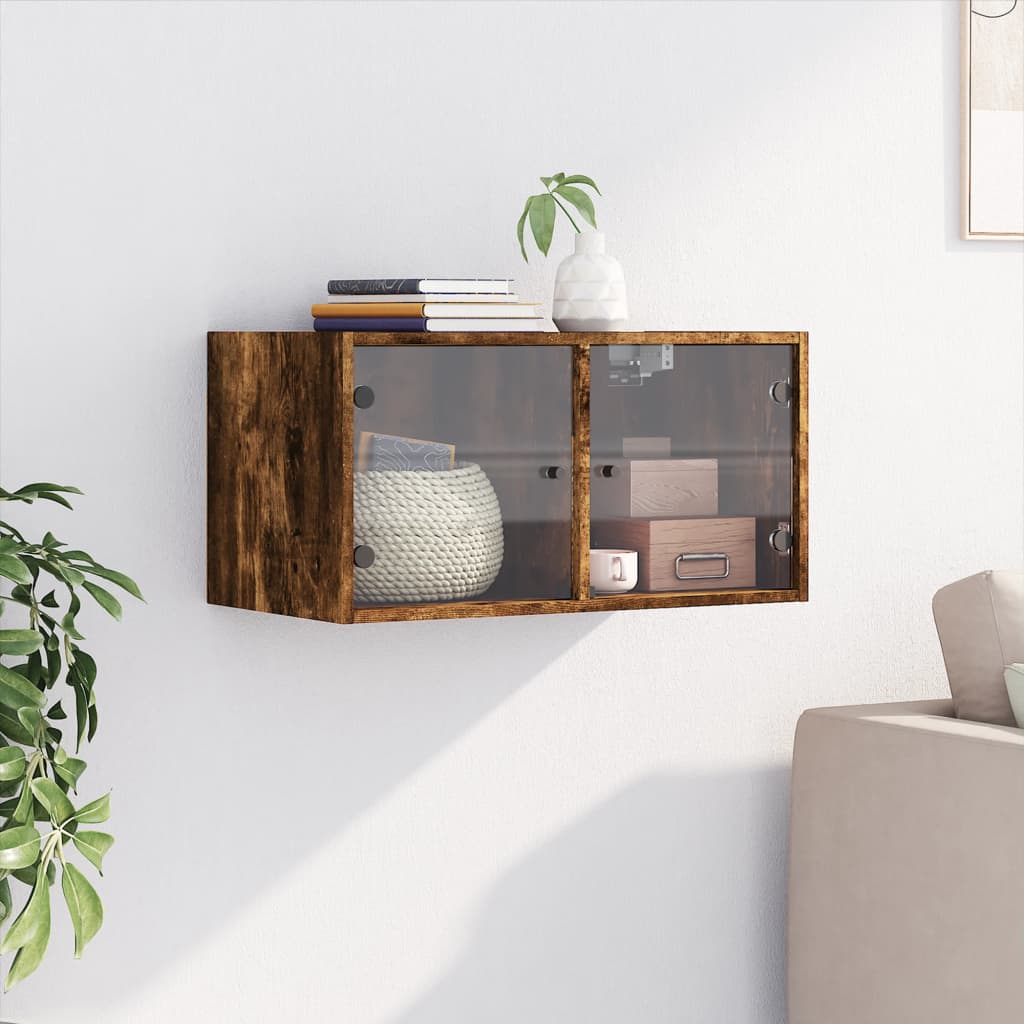 Wandkast met glazen deuren 68,5x37x35 cm gerookt eikenkleurig is nu te koop bij PeponiXL, paradijselijk wonen!