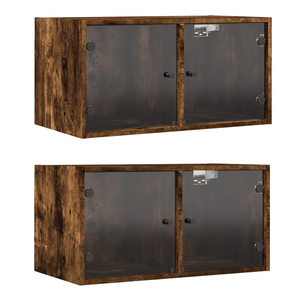 Wandkasten met glazen deuren 2 st 68,5x37x35 cm gerookt eiken is nu te koop bij PeponiXL, paradijselijk wonen!