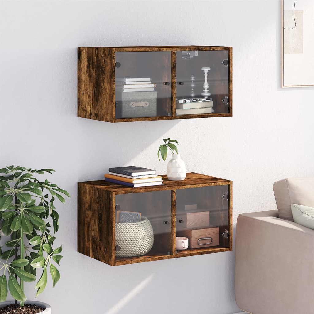 Wandkasten met glazen deuren 2 st 68,5x37x35 cm gerookt eiken is nu te koop bij PeponiXL, paradijselijk wonen!
