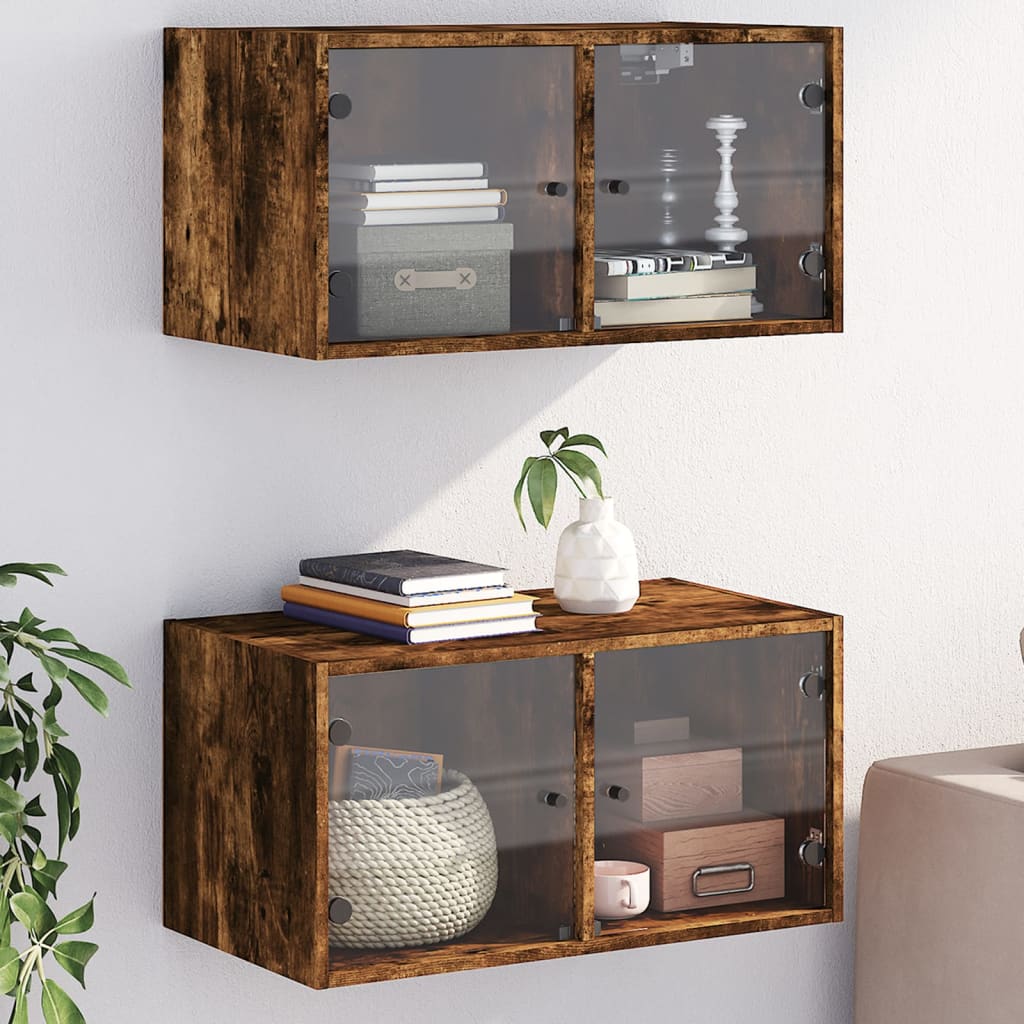 Wandkasten met glazen deuren 2 st 68,5x37x35 cm gerookt eiken is nu te koop bij PeponiXL, paradijselijk wonen!