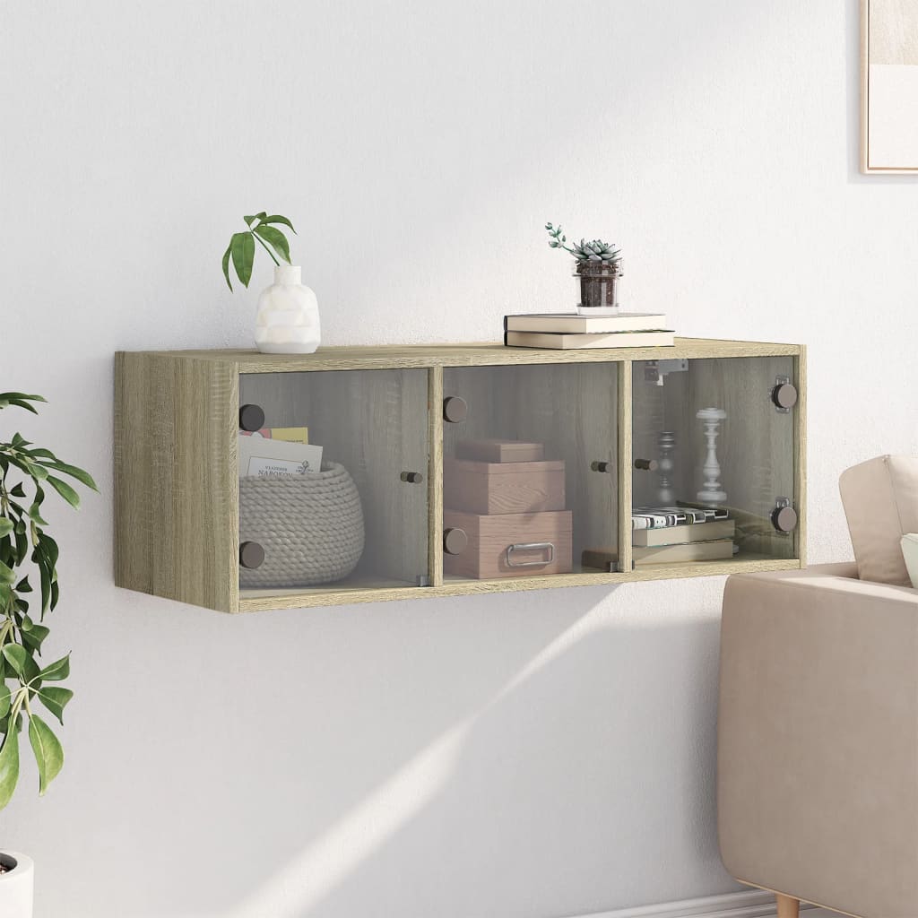Wandkast met glazen deuren 102x37x35 cm sonoma eikenkleurig is nu te koop bij PeponiXL, paradijselijk wonen!