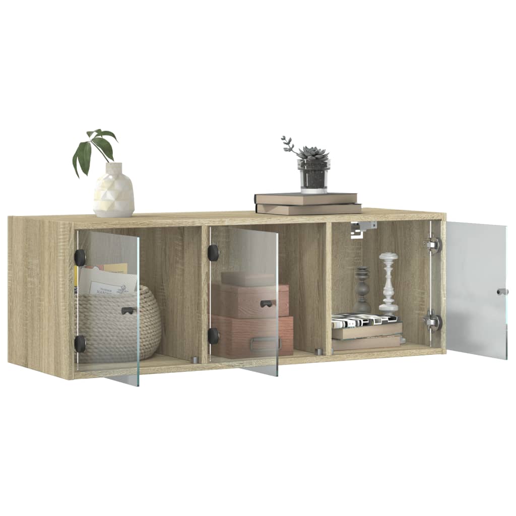 Wandkast met glazen deuren 102x37x35 cm sonoma eikenkleurig is nu te koop bij PeponiXL, paradijselijk wonen!