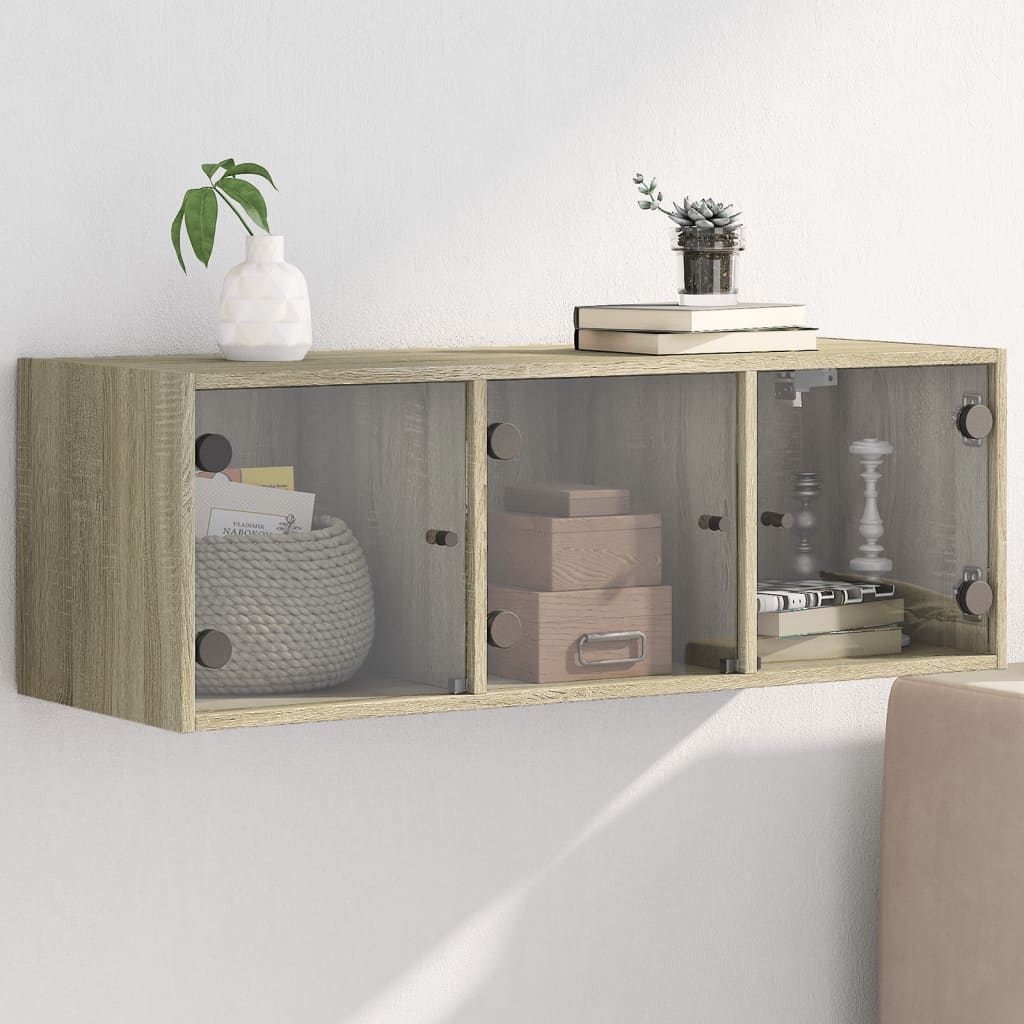 Wandkast met glazen deuren 102x37x35 cm sonoma eikenkleurig is nu te koop bij PeponiXL, paradijselijk wonen!