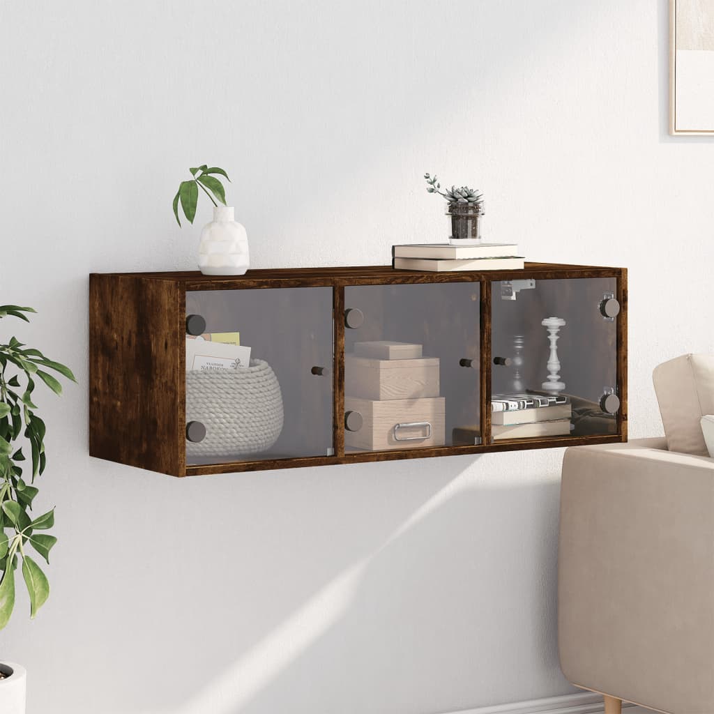 Wandkast met glazen deuren 102x37x35 cm gerookt eikenkleurig is nu te koop bij PeponiXL, paradijselijk wonen!