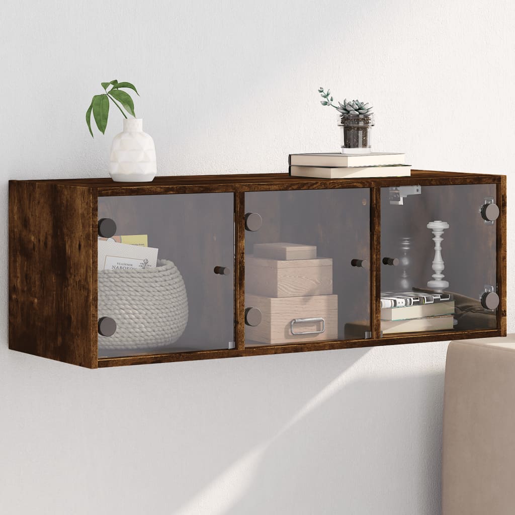 Wandkast met glazen deuren 102x37x35 cm gerookt eikenkleurig is nu te koop bij PeponiXL, paradijselijk wonen!