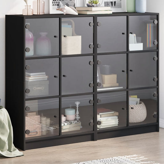 Boekenkast met deuren 136x37x109 cm bewerkt hout zwart is nu te koop bij PeponiXL, paradijselijk wonen!
