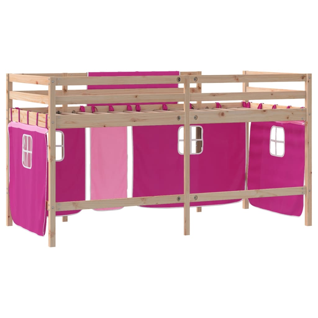 Kinderhoogslaper met gordijnen 90x190 cm grenenhout roze is nu te koop bij PeponiXL, paradijselijk wonen!