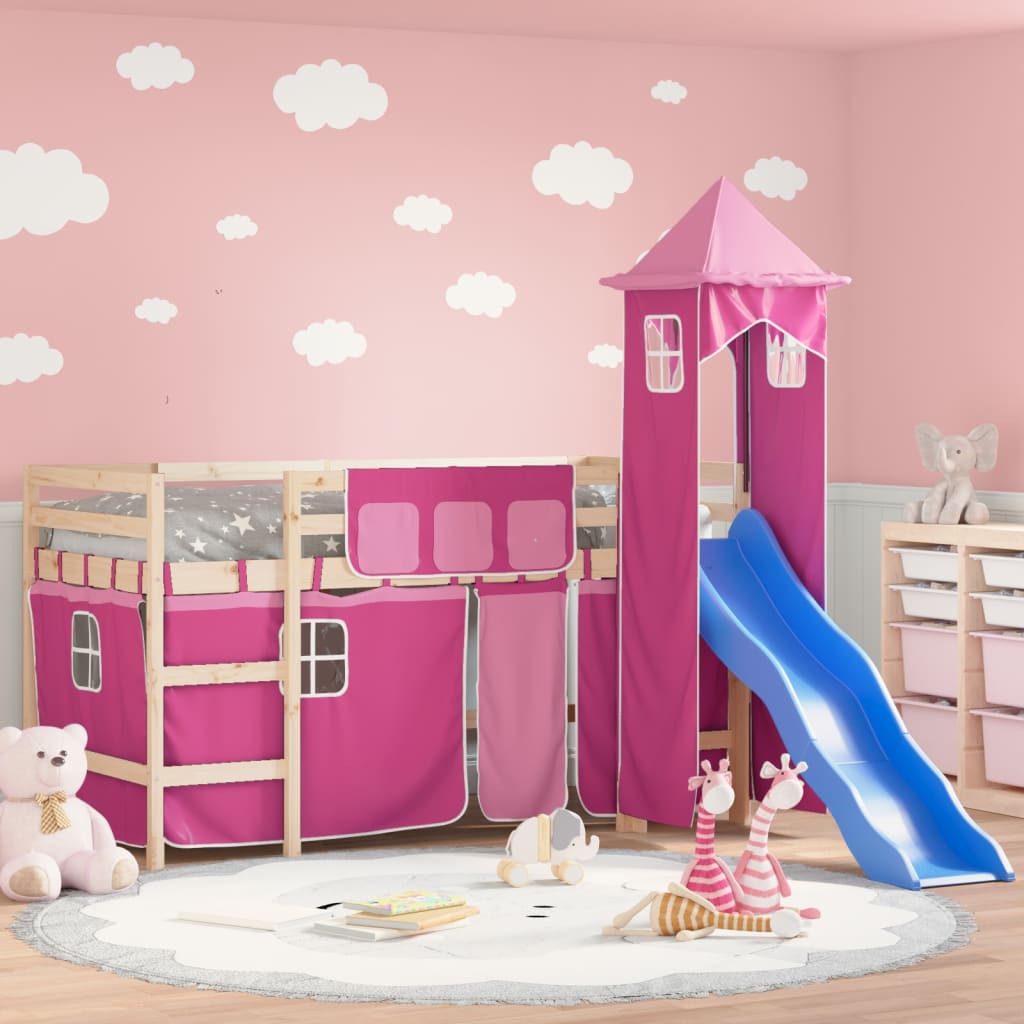 Kinderhoogslaper met toren 80x200 cm massief grenenhout roze is nu te koop bij PeponiXL, paradijselijk wonen!