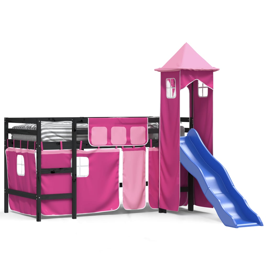 Kinderhoogslaper met toren 80x200 cm massief grenenhout roze is nu te koop bij PeponiXL, paradijselijk wonen!