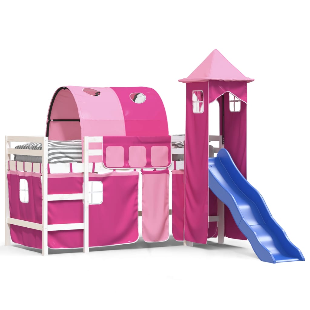 Kinderhoogslaper met toren 90x200 cm massief grenenhout roze is nu te koop bij PeponiXL, paradijselijk wonen!