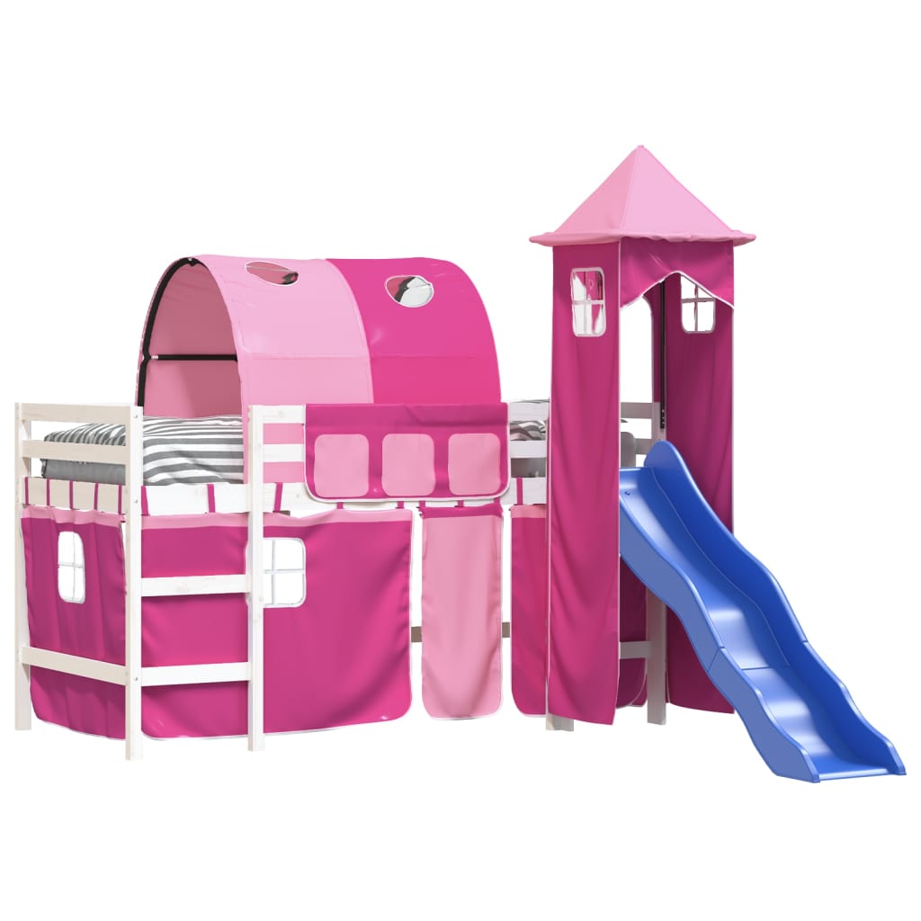 Kinderhoogslaper met toren 90x200 cm massief grenenhout roze is nu te koop bij PeponiXL, paradijselijk wonen!