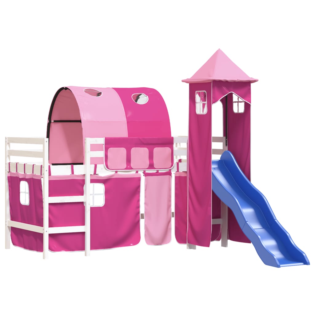 Kinderhoogslaper met toren 90x200 cm massief grenenhout roze is nu te koop bij PeponiXL, paradijselijk wonen!